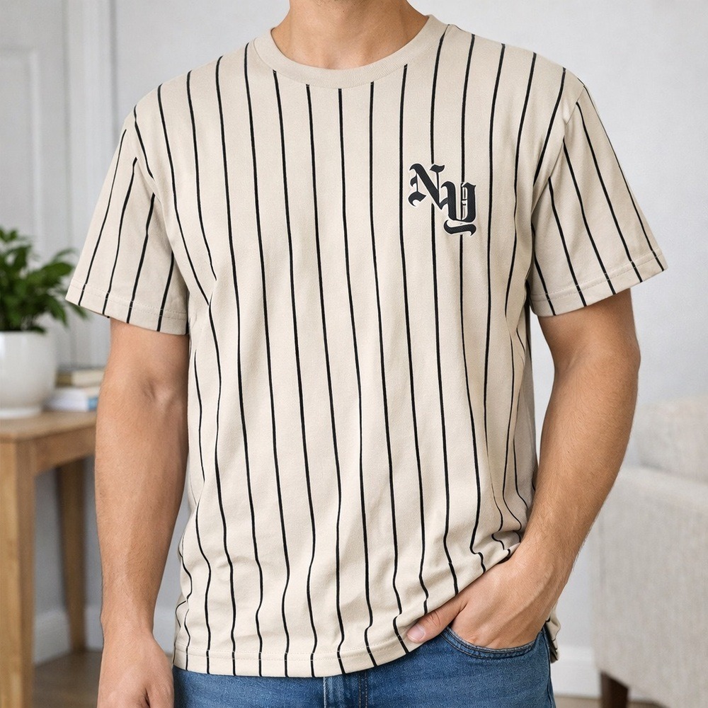 Beige Pinstripe T-Shirt Men's Medium Baseball Aesthetic Cotton WXYZ‎